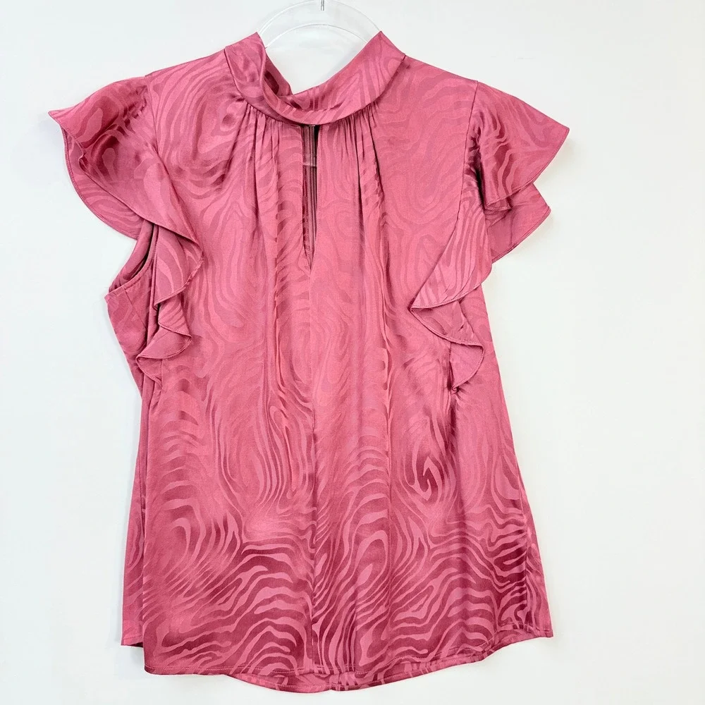 Rebecca Taylor Blouse Womens Small Pink Silk Blend Zebra Flutter Sleeve Top‎